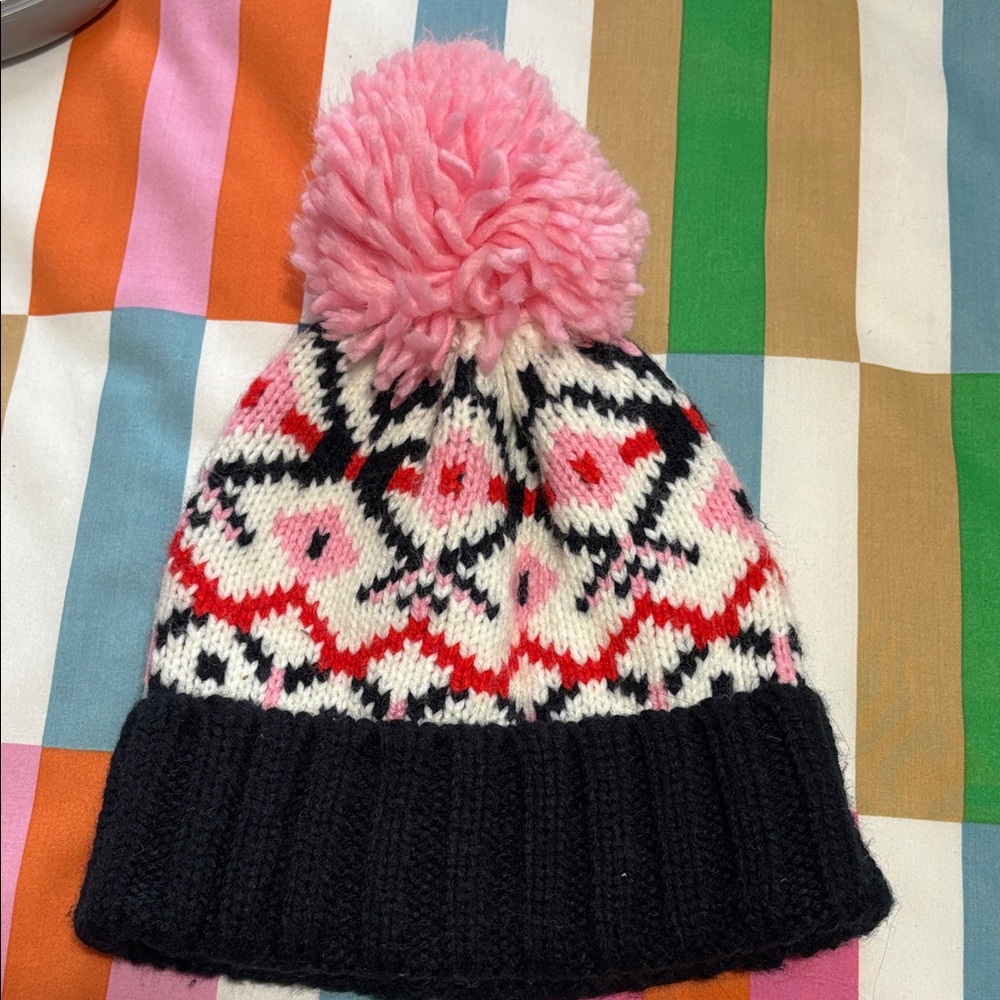 Pom Pom Knit Hat - Pink and Black